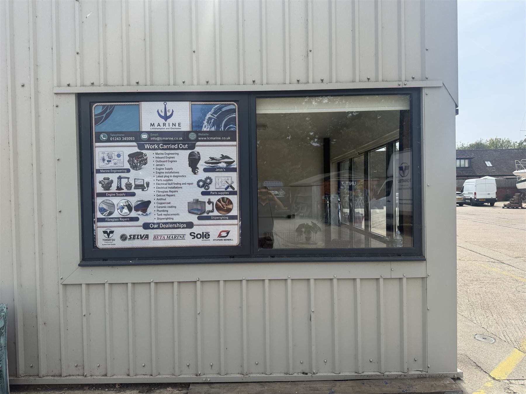 LC Marine work-carried-out board at Birdham Shipyard — every service listed, from engines to shipwrighting